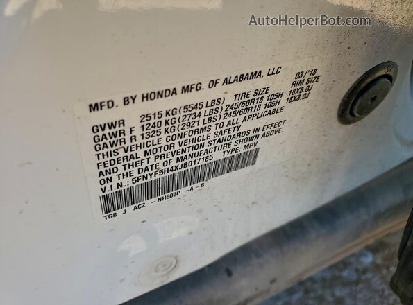 5FNYF5H4XJB017185 2018 HONDA PILOT White 