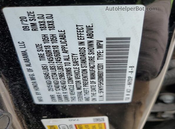 5FNYF5H50MB011201 2021 HONDA PILOT Черный 