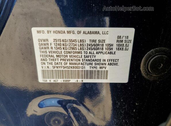 5FNYF5H52KB003131 2019 HONDA PILOT Blue Widok naklejki z numerem VIN