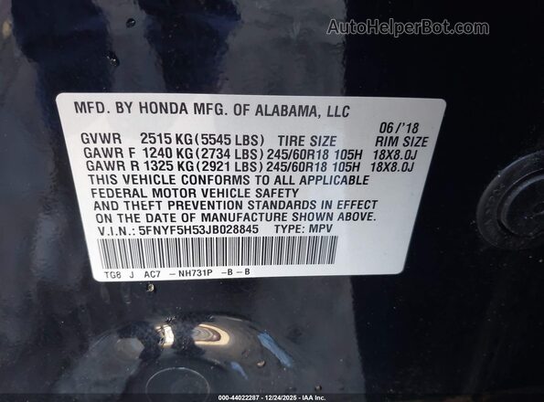 5FNYF5H53JB028845 2018 HONDA PILOT Черный 