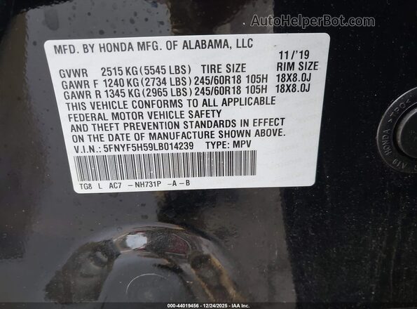 5FNYF5H59LB014239 2020 HONDA PILOT Black Вид підкапотного простору