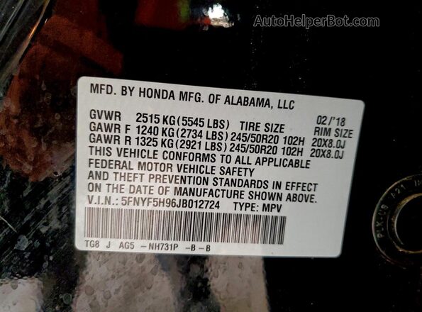 5FNYF5H96JB012724 2018 HONDA PILOT Black Widok naklejki z numerem VIN