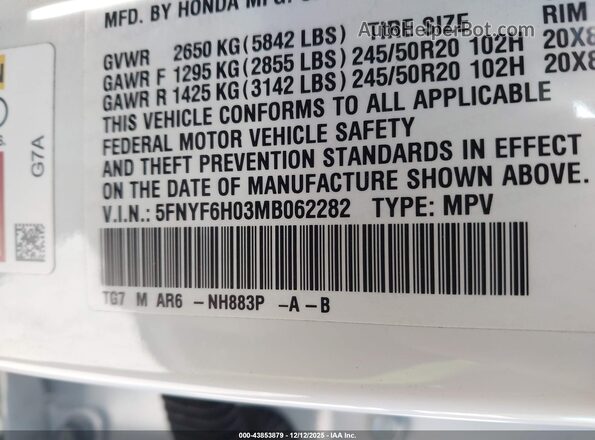 5FNYF6H03MB062282 2021 HONDA PILOT White 