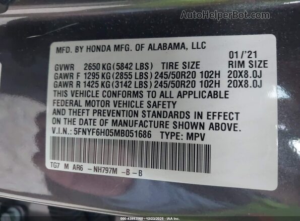 5FNYF6H05MB051686 2021 HONDA PILOT Gray 