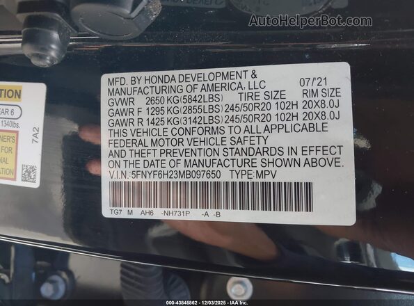 5FNYF6H23MB097650 2021 HONDA PILOT Black Widok komory silnika