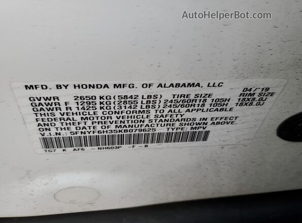 5FNYF6H35KB079625 2019 HONDA PILOT White 