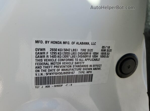 5FNYF6H50JB059167 2018 HONDA PILOT White 