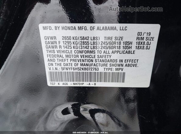 5FNYF6H52KB072763 2019 HONDA PILOT Black Вид підкапотного простору