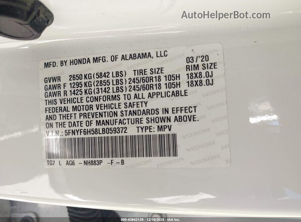 5FNYF6H58LB059372 2020 HONDA PILOT White Vista del compartimento del motor