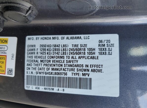 5FNYF6H5XLB069756 2020 HONDA PILOT Серый Вид наклейки с VIN-кодом
