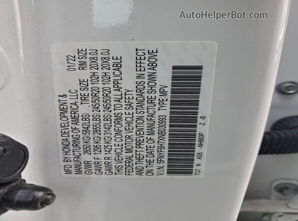 5FNYF6H7XNB030993 2022 HONDA PILOT White Вид наклейки з VIN-кодом