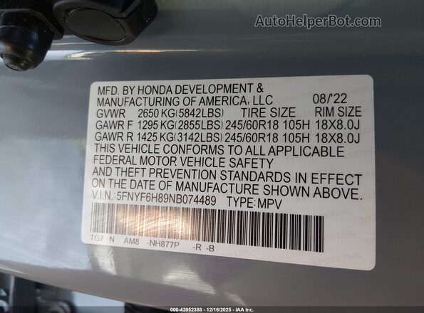 5FNYF6H89NB074489 2022 HONDA PILOT Gray Widok komory silnika