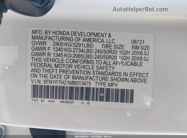5FNYF7H21MB013475 2021 HONDA PASSPORT White 