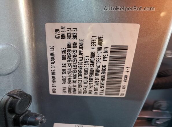 5FNYF7H98LB004347 2020 HONDA PASSPORT Silver Widok naklejki z numerem VIN