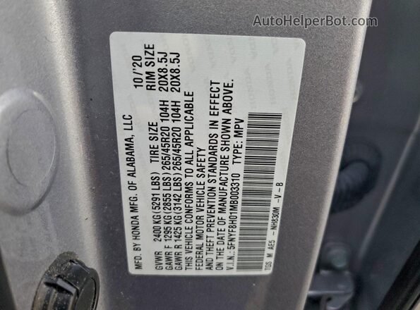 5FNYF8H01MB003310 2021 HONDA PASSPORT Серебряный Вид наклейки с VIN-кодом