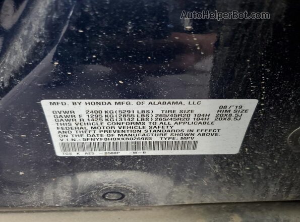 5FNYF8H0XKB026985 2019 HONDA PASSPORT Blue VIN կոդի պիտակի տեսք