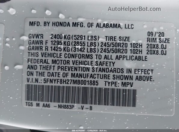 5FNYF8H27MB001885 2021 HONDA PASSPORT White Շարժիչի բաժամունքի տեսք