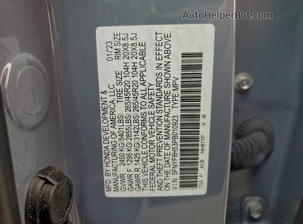 5FNYF8H53PB010923 2023 HONDA PASSPORT Синий Вид наклейки с VIN-кодом