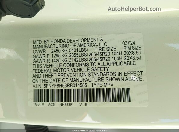 5FNYF8H53RB014585 2024 HONDA PASSPORT Белый Вид подкапотного пространства