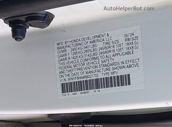 5FNYF8H64RB021702 2024 HONDA PASSPORT White Вид підкапотного простору