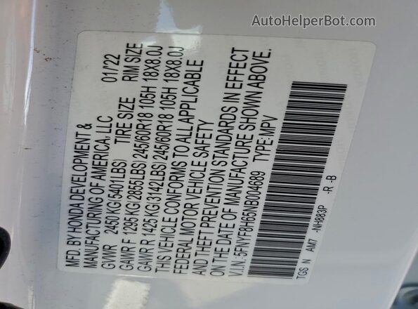 5FNYF8H65NB004689 2022 HONDA PASSPORT White Вид наклейки з VIN-кодом
