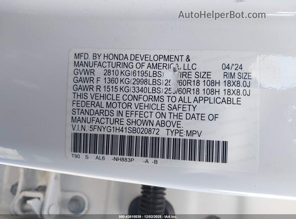 5FNYG1H41SB020872 2025 HONDA PILOT White 