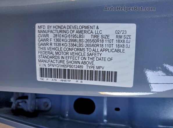 5FNYG1H65PB012489 2023 HONDA PILOT Blue Панорамний вид салону 360°