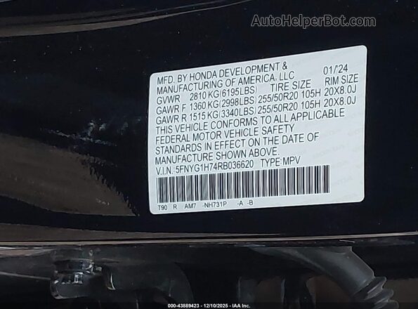 5FNYG1H74RB036620 2024 HONDA PILOT Black Вид підкапотного простору