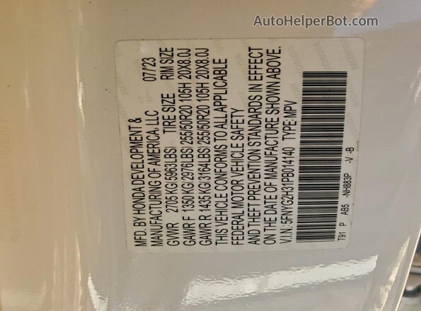 5FNYG2H31PB014140 2023 HONDA PILOT White Вид наклейки з VIN-кодом
