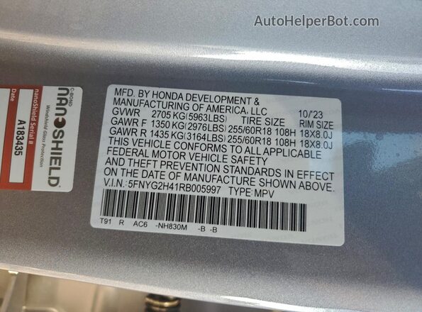 5FNYG2H41RB005997 2024 HONDA PILOT Silver Вид наклейки з VIN-кодом