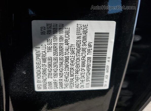 5FNYG2H45PB012268 2023 HONDA PILOT Black Widok naklejki z numerem VIN