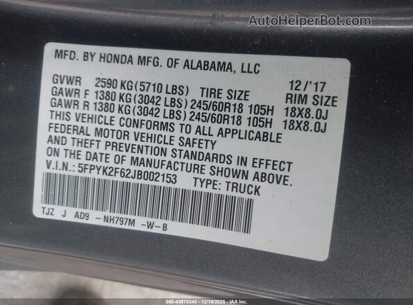 5FPYK2F62JB002153 2018 HONDA RIDGELINE Gray 