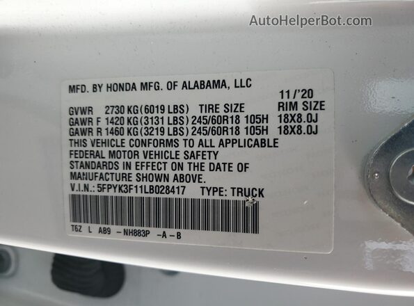 5FPYK3F11LB028417 2020 HONDA RIDGELINE Белый Вид наклейки с VIN-кодом