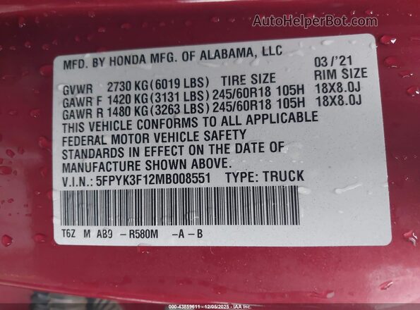 5FPYK3F12MB008551 2021 HONDA RIDGELINE Red Շարժիչի բաժամունքի տեսք