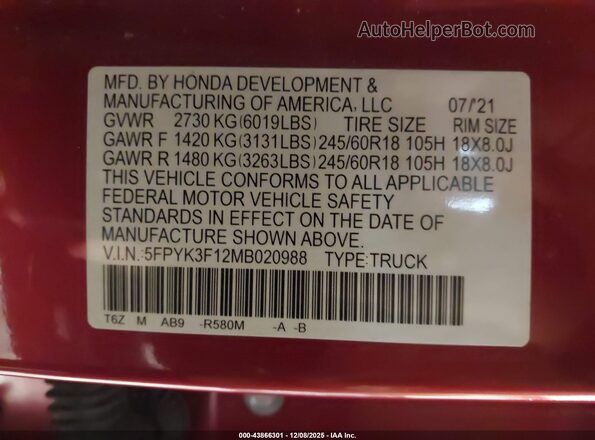 5FPYK3F12MB020988 2021 HONDA RIDGELINE Red Շարժիչի բաժամունքի տեսք