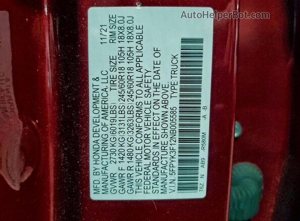 5FPYK3F12NB005585 2022 HONDA RIDGELINE Red Շարժիչի բաժամունքի տեսք