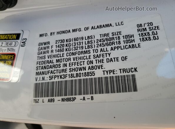 5FPYK3F18LB018855 2020 HONDA RIDGELINE White ძრავის განყოფილების ხედი