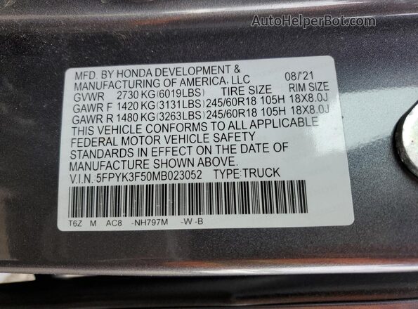 5FPYK3F50MB023052 2021 HONDA RIDGELINE Gray 