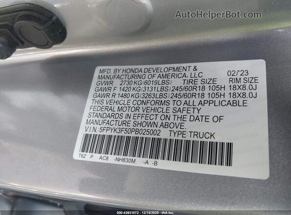 5FPYK3F50PB025002 2023 HONDA RIDGELINE Gray Առջևի վահանակի տեսք