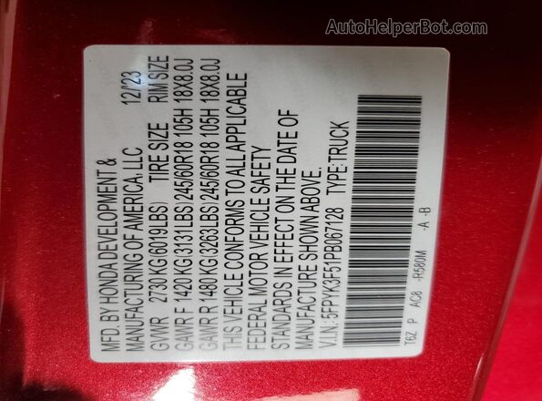 5FPYK3F51PB067128 2023 HONDA RIDGELINE Red Vista del compartimento del motor