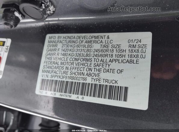 5FPYK3F51RB002766 2024 HONDA RIDGELINE Gray Вид підкапотного простору