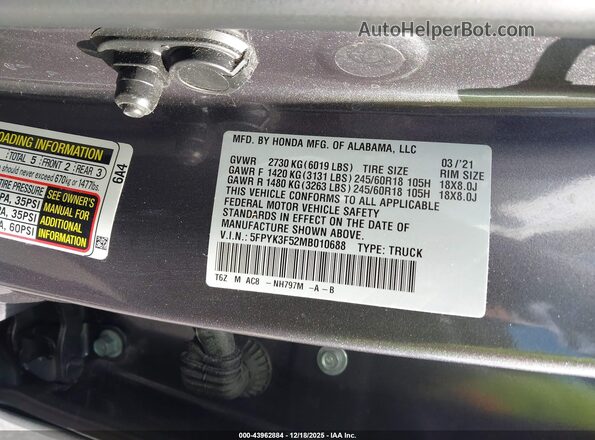 5FPYK3F52MB010688 2021 HONDA RIDGELINE Gray Вид підкапотного простору