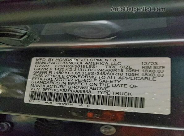 5FPYK3F53PB066868 2023 HONDA RIDGELINE Gray Вид підкапотного простору