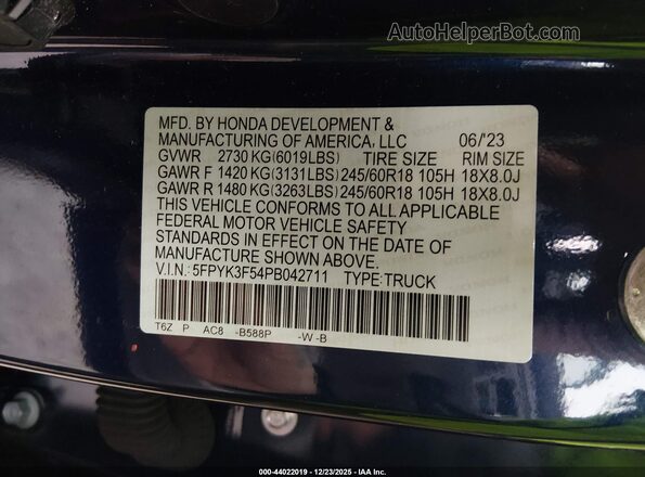 5FPYK3F54PB042711 2023 HONDA RIDGELINE Blue Engine compartment view