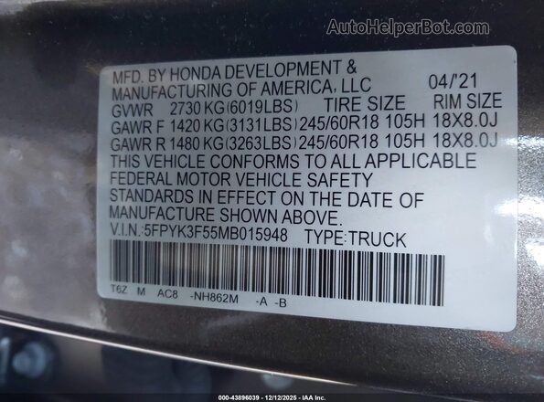 5FPYK3F55MB015948 2021 HONDA RIDGELINE Коричневый Вид подкапотного пространства