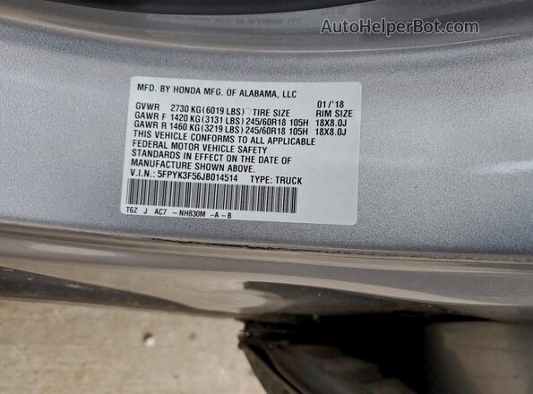 5FPYK3F56JB014514 2018 HONDA RIDGELINE Silver 