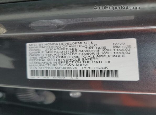 5FPYK3F56PB016028 2023 HONDA RIDGELINE Серый Вид подкапотного пространства