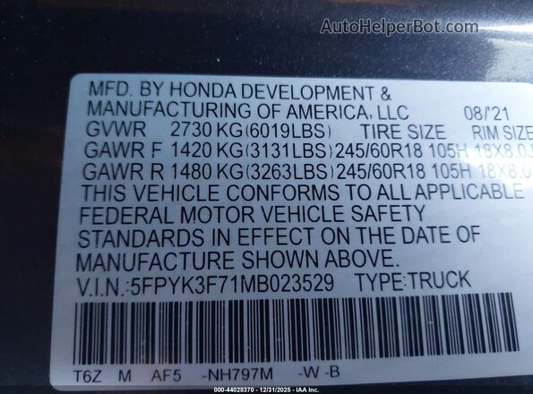 5FPYK3F71MB023529 2021 HONDA RIDGELINE Gray Вид підкапотного простору