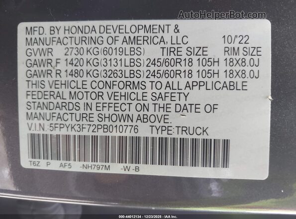 5FPYK3F72PB010776 2023 HONDA RIDGELINE Gray Вид підкапотного простору