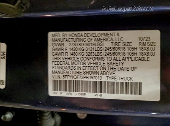 5FPYK3F73PB057010 2023 HONDA RIDGELINE Blue Вид підкапотного простору
